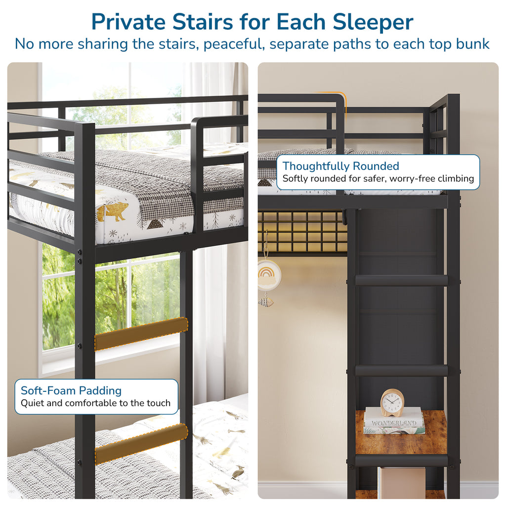 Triple Bunk Bed with 9 Storage Drawers, LED Lights, Open Shelves, Pegboard and Bedside Caddy for 3 Teens