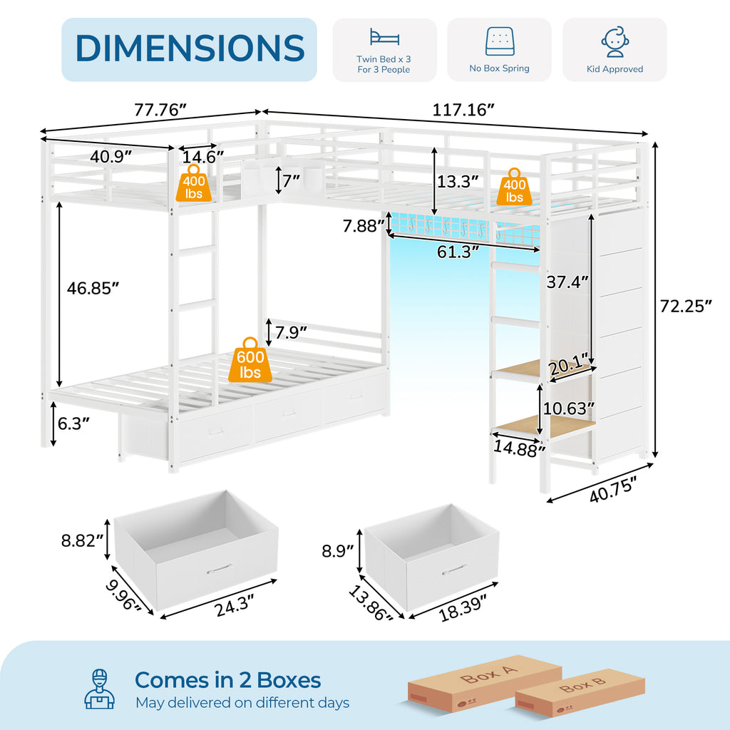 Triple Bunk Bed with 9 Storage Drawers, LED Lights, Open Shelves, Pegboard and Bedside Caddy for 3 Teens