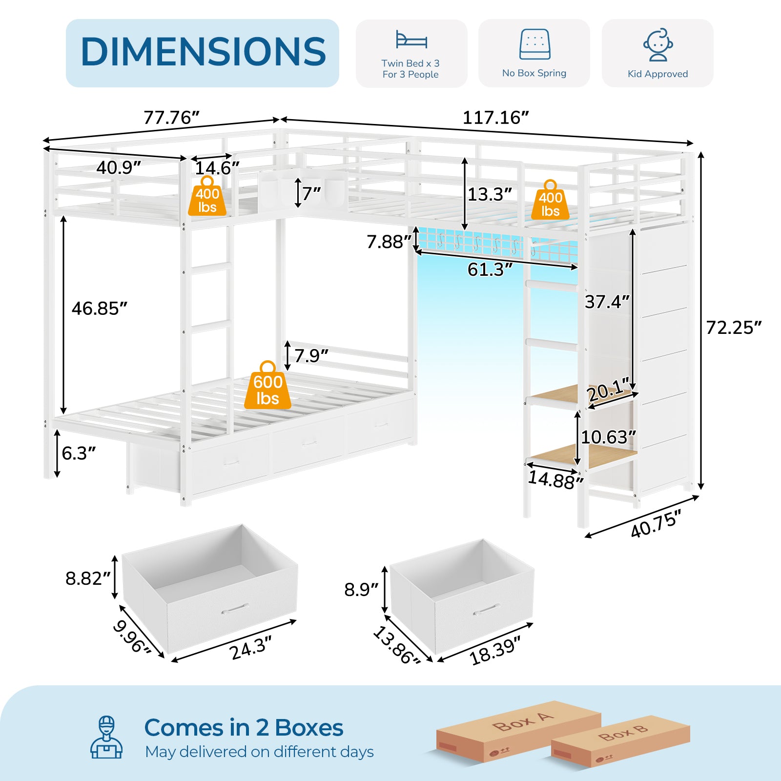 Triple Bunk Bed with 9 Storage Drawers, LED Lights, Open Shelves, Pegboard and Bedside Caddy for 3 Teens