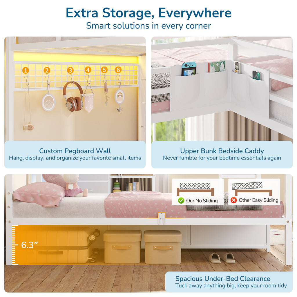 Triple Bunk Bed with 9 Storage Drawers, LED Lights, Open Shelves, Pegboard and Bedside Caddy for 3 Teens