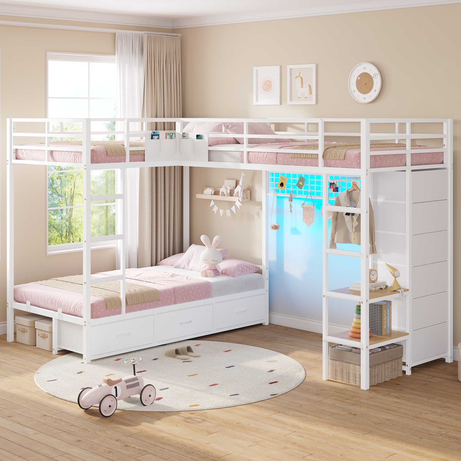 Triple Bunk Bed with 9 Storage Drawers, LED Lights, Open Shelves, Pegboard and Bedside Caddy for 3 Teens