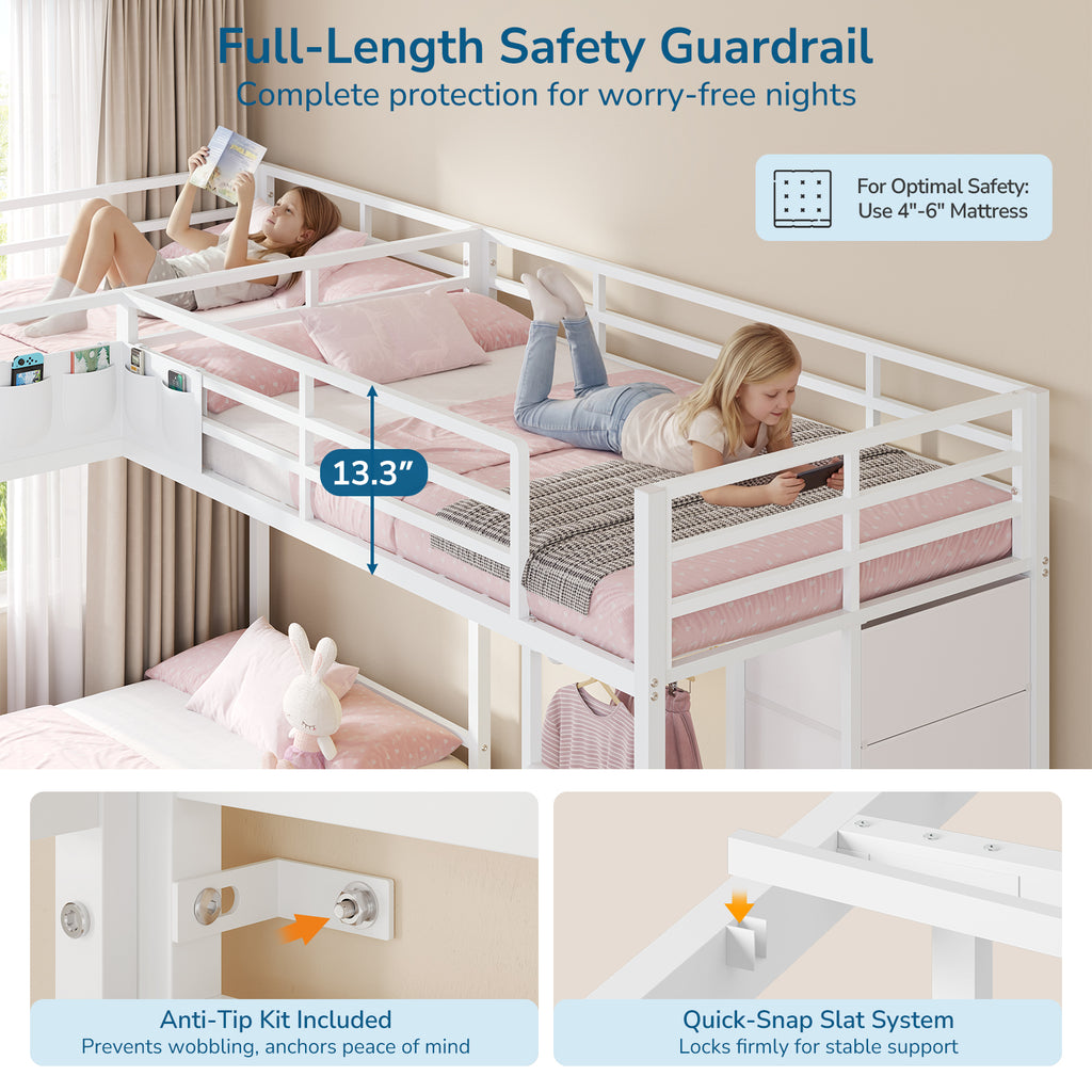 Triple Bunk Bed with 9 Storage Drawers, LED Lights, Open Shelves, Pegboard and Bedside Caddy for 3 Teens