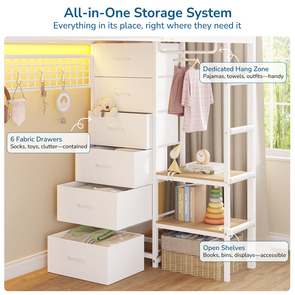 Triple Bunk Bed with 9 Storage Drawers, LED Lights, Open Shelves, Pegboard and Bedside Caddy for 3 Teens