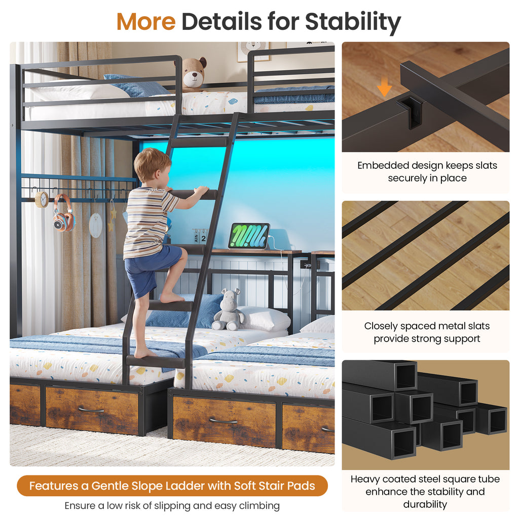Triple Bunk Bed with 8 Storage Drawers, LED Lights, Charging Station, Guardrails & Ladder for 3 Teens/Adults, Full Over Twin Over Twin Size