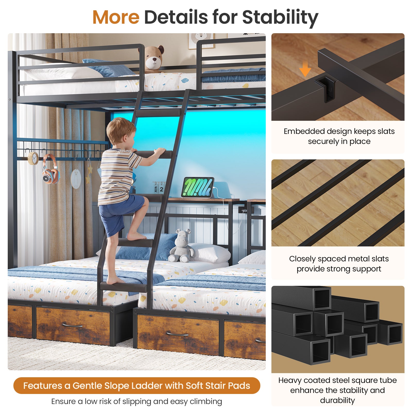 Triple Bunk Bed with 8 Storage Drawers, LED Lights, Charging Station, Guardrails & Ladder for 3 Teens/Adults, Full Over Twin Over Twin Size