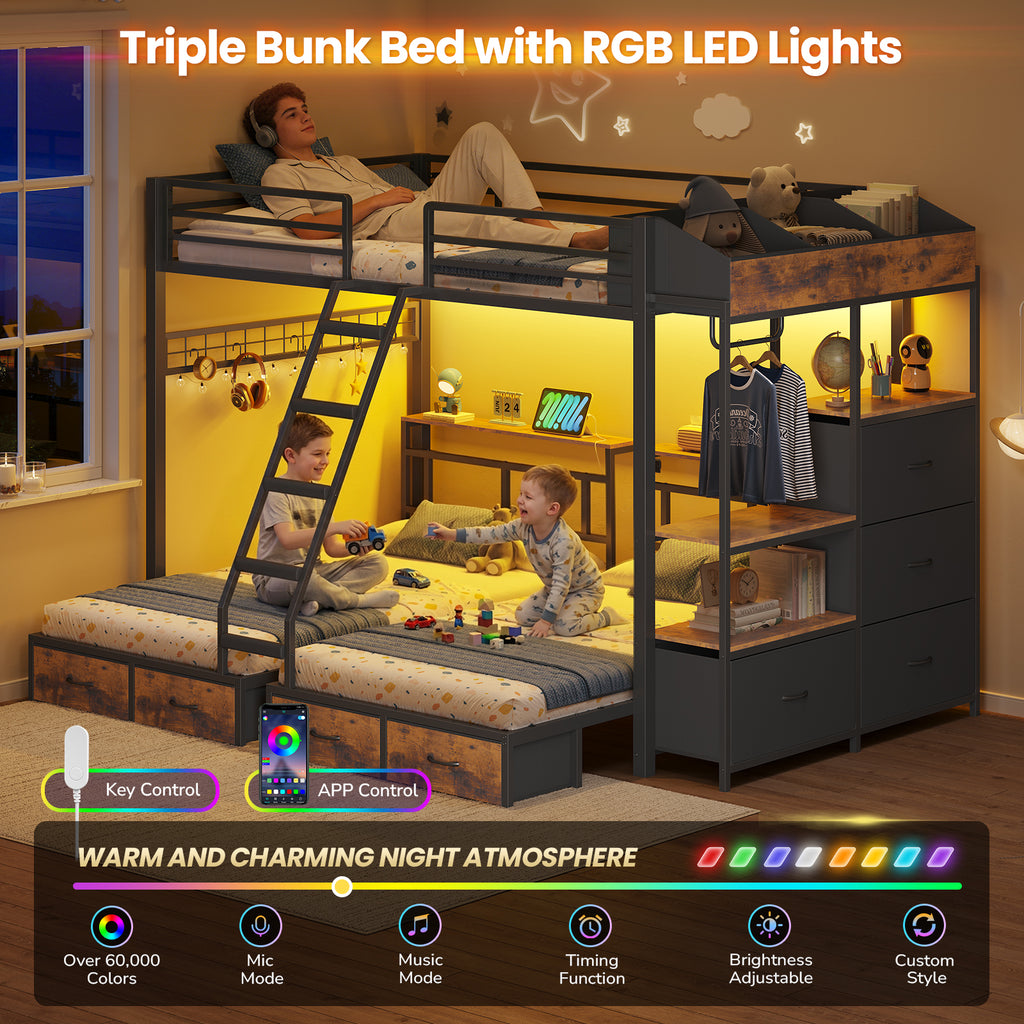 Triple Bunk Bed with 8 Storage Drawers, LED Lights, Charging Station, Guardrails & Ladder for 3 Teens/Adults, Full Over Twin Over Twin Size