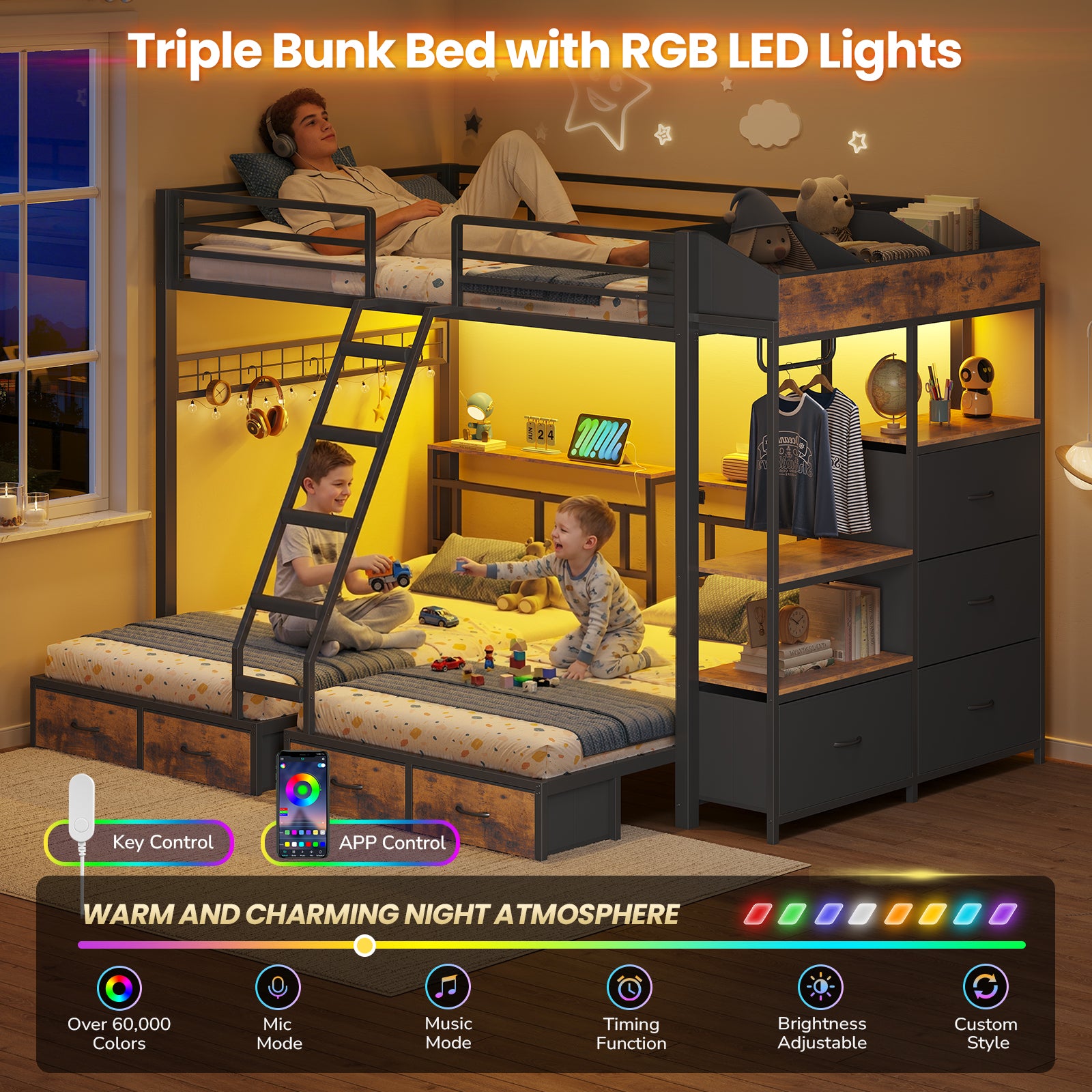 Triple Bunk Bed with 8 Storage Drawers, LED Lights, Charging Station, Guardrails & Ladder for 3 Teens/Adults, Full Over Twin Over Twin Size