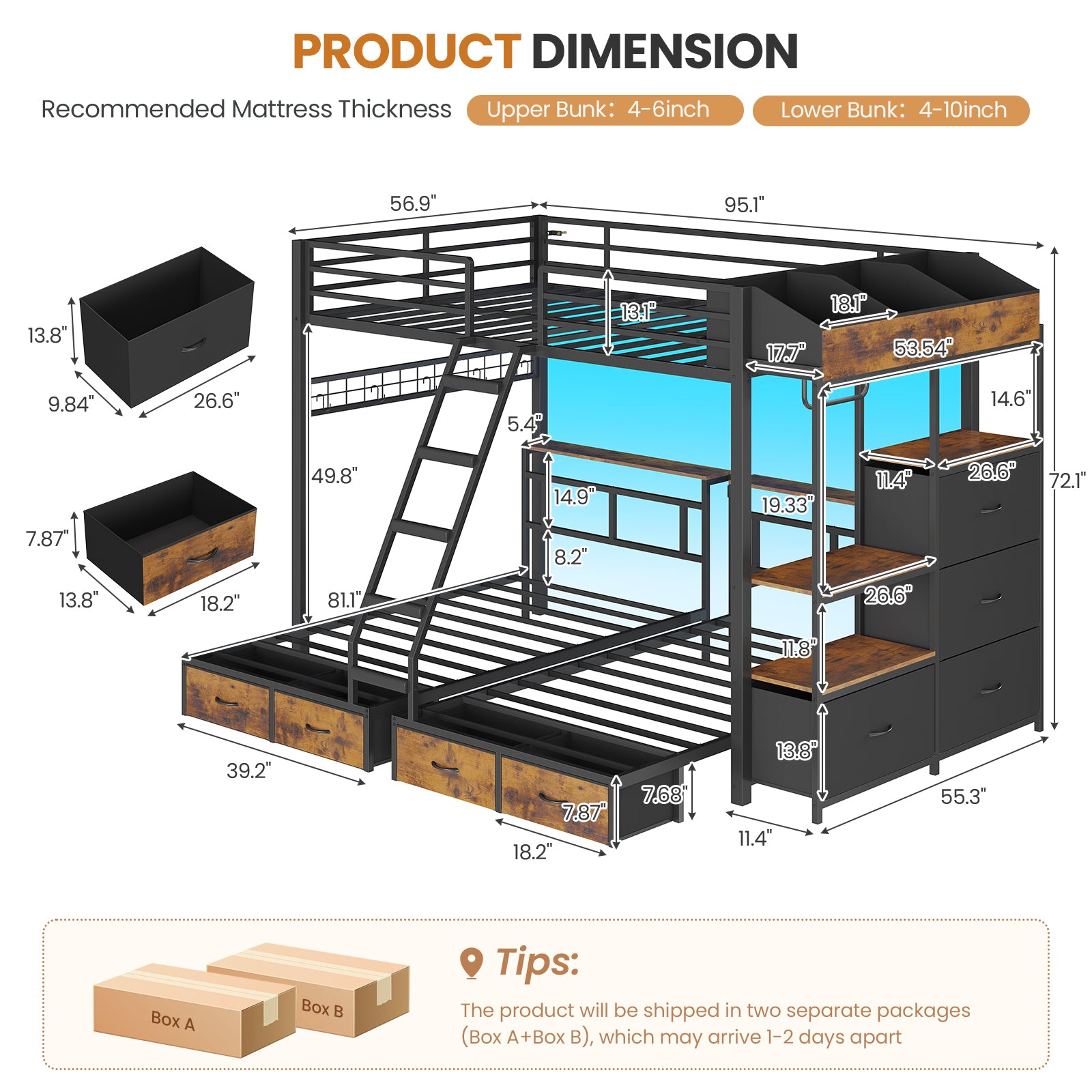 Triple Bunk Bed with 8 Storage Drawers, LED Lights, Charging Station, Guardrails & Ladder for 3 Teens/Adults, Full Over Twin Over Twin Size