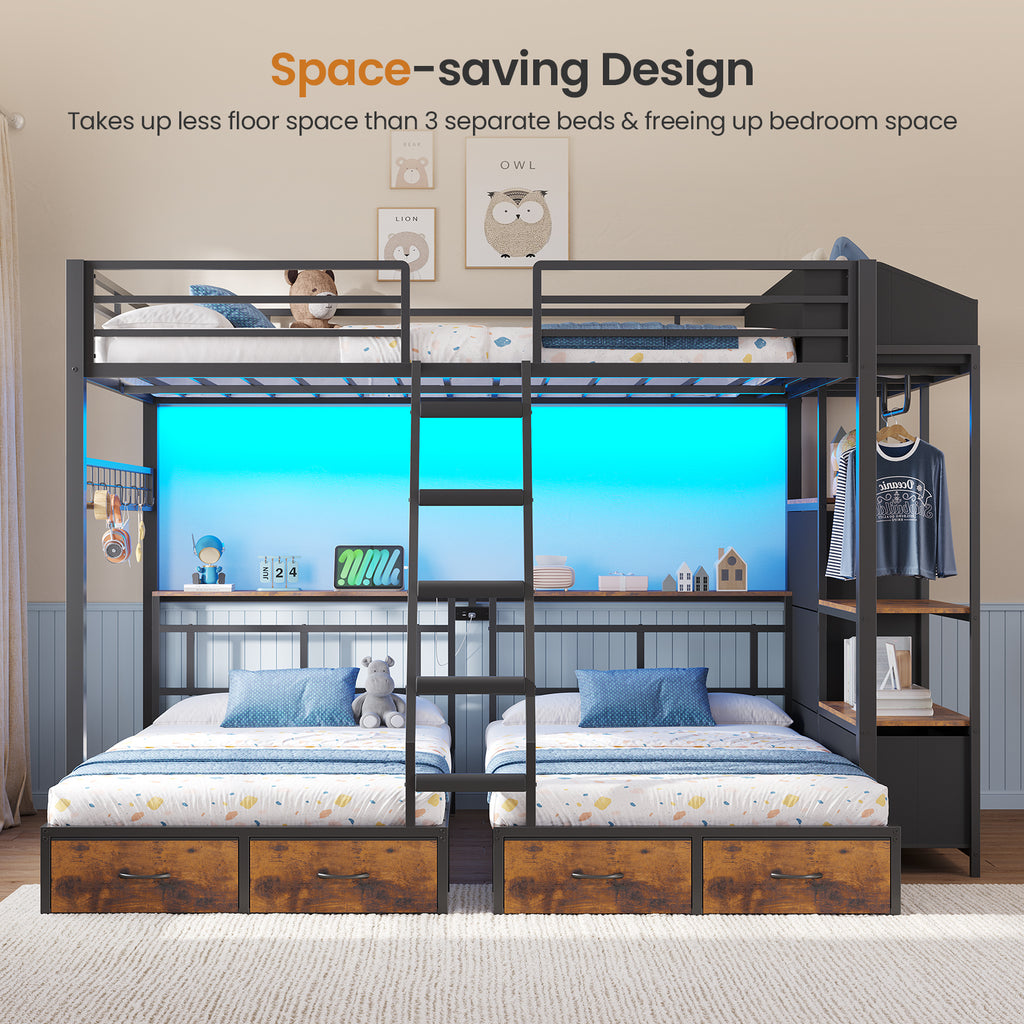 Triple Bunk Bed with 8 Storage Drawers, LED Lights, Charging Station, Guardrails & Ladder for 3 Teens/Adults, Full Over Twin Over Twin Size