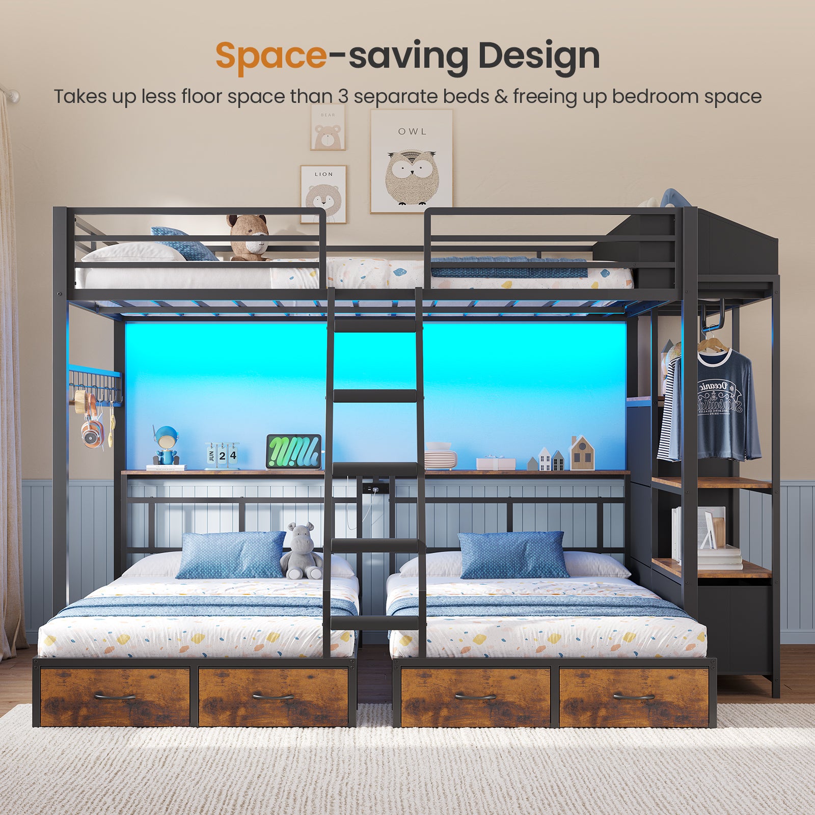 Triple Bunk Bed with 8 Storage Drawers, LED Lights, Charging Station, Guardrails & Ladder for 3 Teens/Adults, Full Over Twin Over Twin Size