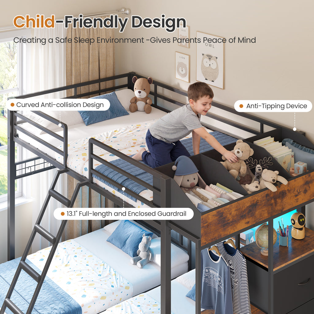 Triple Bunk Bed with 8 Storage Drawers, LED Lights, Charging Station, Guardrails & Ladder for 3 Teens/Adults, Full Over Twin Over Twin Size