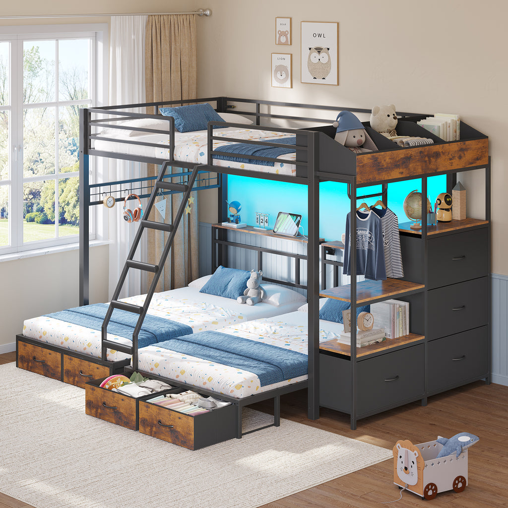 Triple Bunk Bed with 8 Storage Drawers, LED Lights, Charging Station, Guardrails & Ladder for 3 Teens/Adults, Full Over Twin Over Twin Size