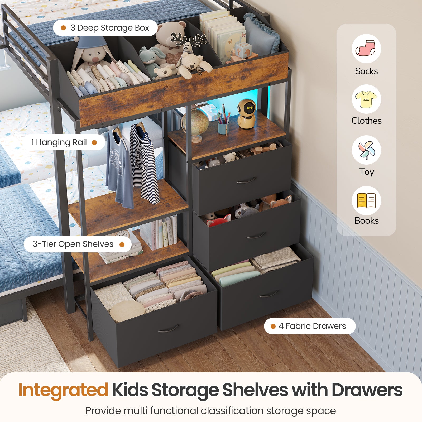 Triple Bunk Bed with 8 Storage Drawers, LED Lights, Charging Station, Guardrails & Ladder for 3 Teens/Adults, Full Over Twin Over Twin Size