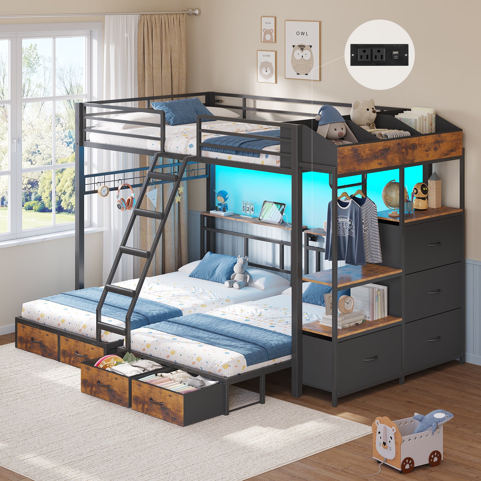 Triple Bunk Bed with 8 Storage Drawers, LED Lights, Charging Station, Guardrails & Ladder for 3 Teens/Adults, Full Over Twin Over Twin Size