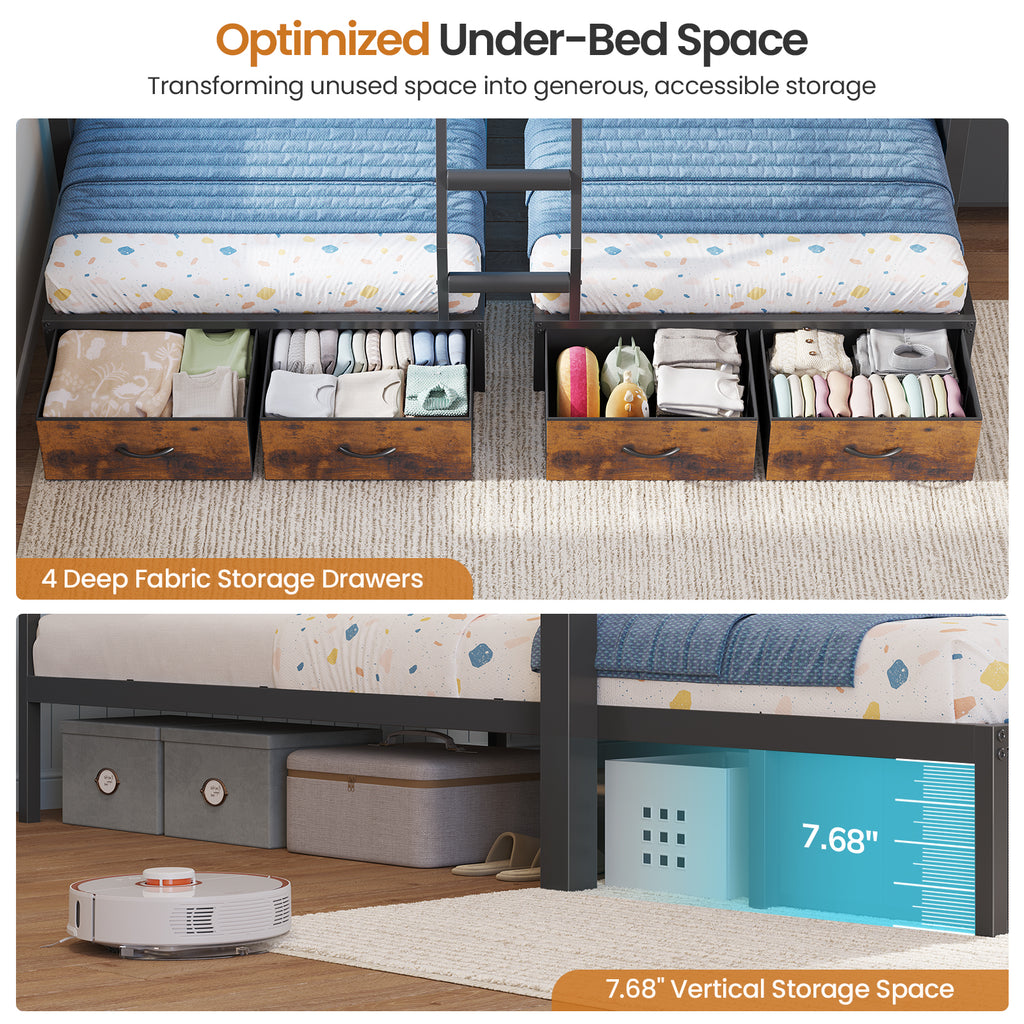 Triple Bunk Bed with 8 Storage Drawers, LED Lights, Charging Station, Guardrails & Ladder for 3 Teens/Adults, Full Over Twin Over Twin Size
