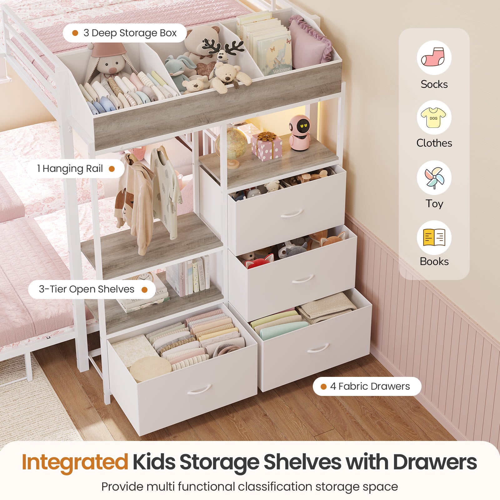 Triple Bunk Bed with 8 Storage Drawers, LED Lights, Charging Station, Guardrails & Ladder for 3 Teens/Adults, Full Over Twin Over Twin Size