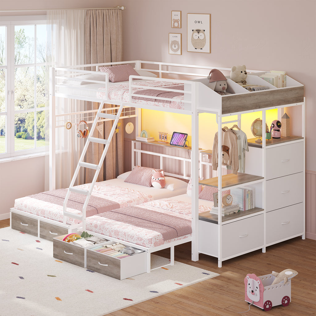 Triple Bunk Bed with 8 Storage Drawers, LED Lights, Charging Station, Guardrails & Ladder for 3 Teens/Adults, Full Over Twin Over Twin Size