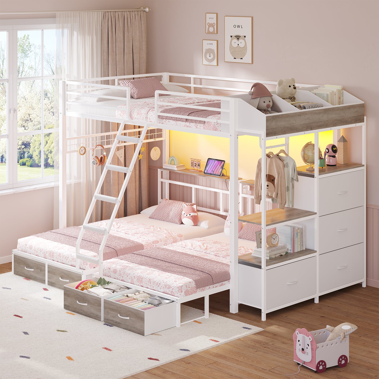 Triple Bunk Bed with 8 Storage Drawers, LED Lights, Charging Station, Guardrails & Ladder for 3 Teens/Adults, Full Over Twin Over Twin Size