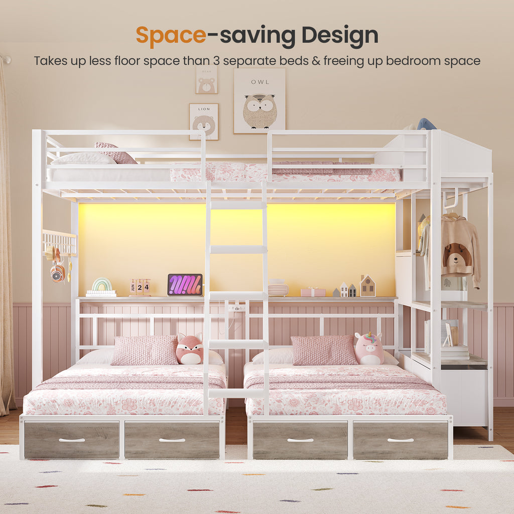 Triple Bunk Bed with 8 Storage Drawers, LED Lights, Charging Station, Guardrails & Ladder for 3 Teens/Adults, Full Over Twin Over Twin Size