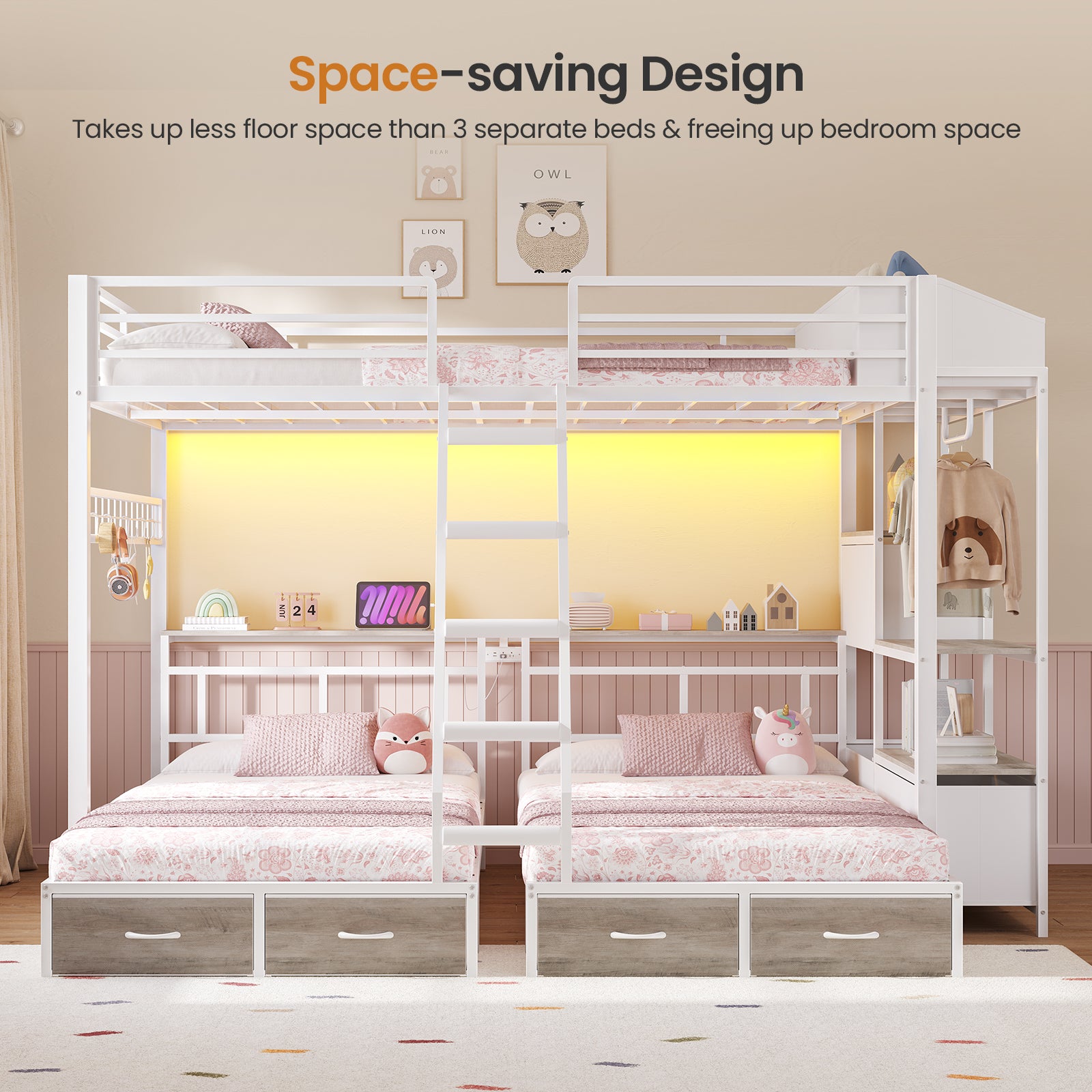 Triple Bunk Bed with 8 Storage Drawers, LED Lights, Charging Station, Guardrails & Ladder for 3 Teens/Adults, Full Over Twin Over Twin Size
