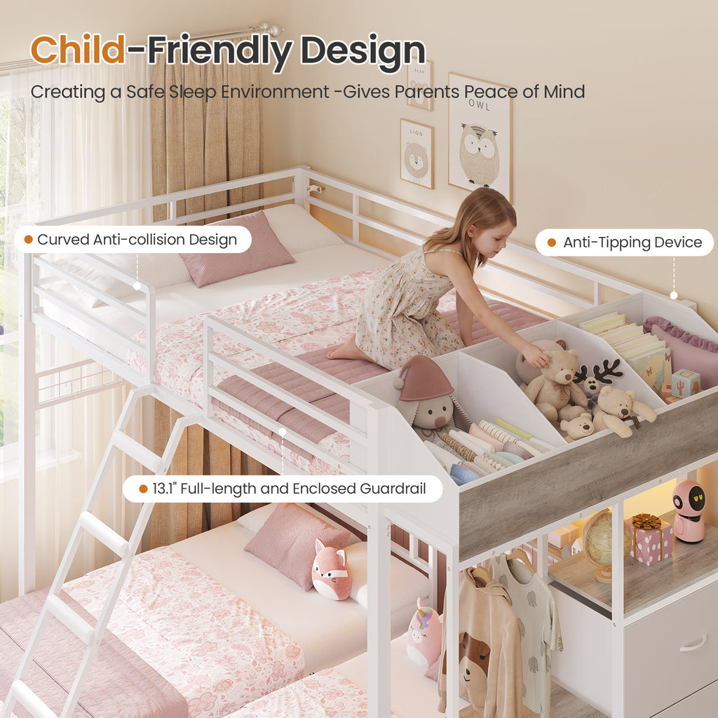 Triple Bunk Bed with 8 Storage Drawers, LED Lights, Charging Station, Guardrails & Ladder for 3 Teens/Adults, Full Over Twin Over Twin Size