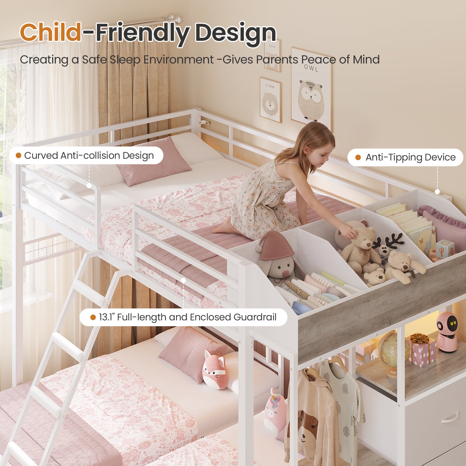 Triple Bunk Bed with 8 Storage Drawers, LED Lights, Charging Station, Guardrails & Ladder for 3 Teens/Adults, Full Over Twin Over Twin Size