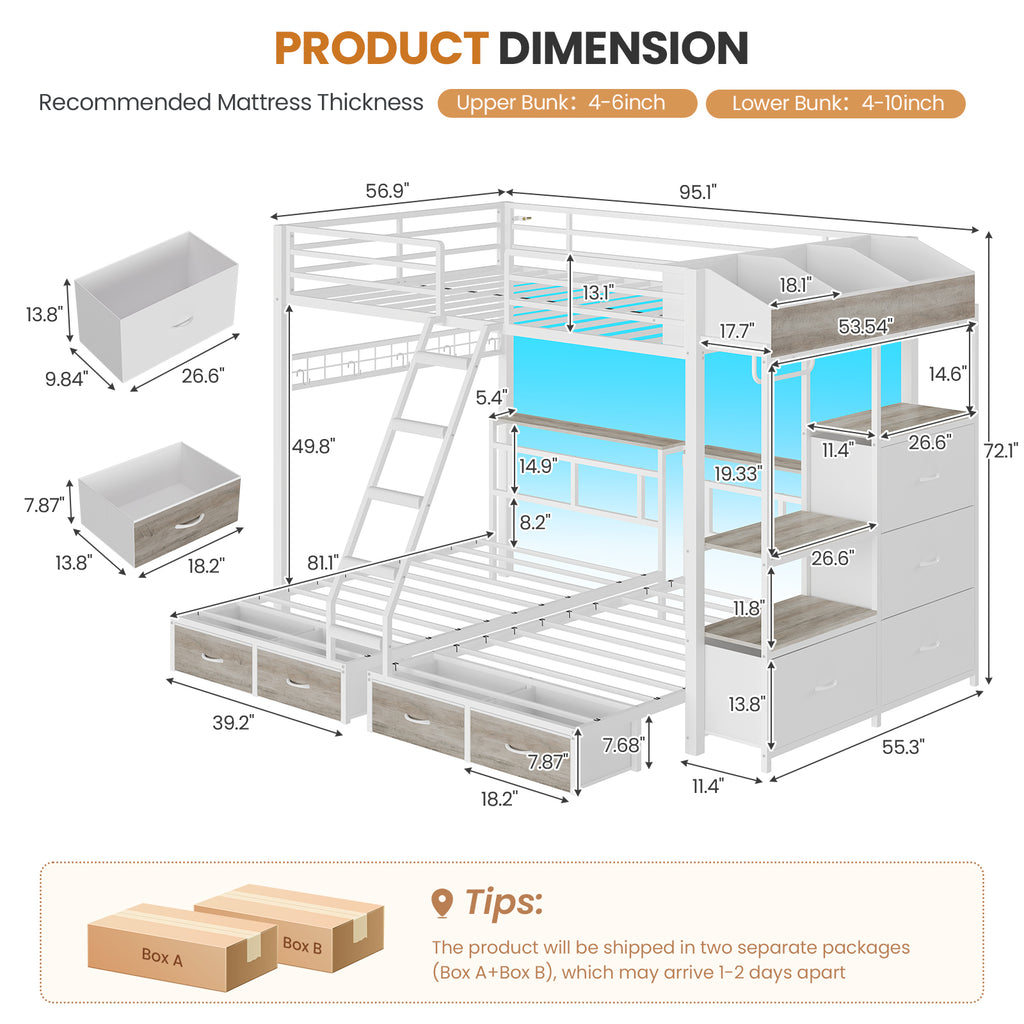 Triple Bunk Bed with 8 Storage Drawers, LED Lights, Charging Station, Guardrails & Ladder for 3 Teens/Adults, Full Over Twin Over Twin Size