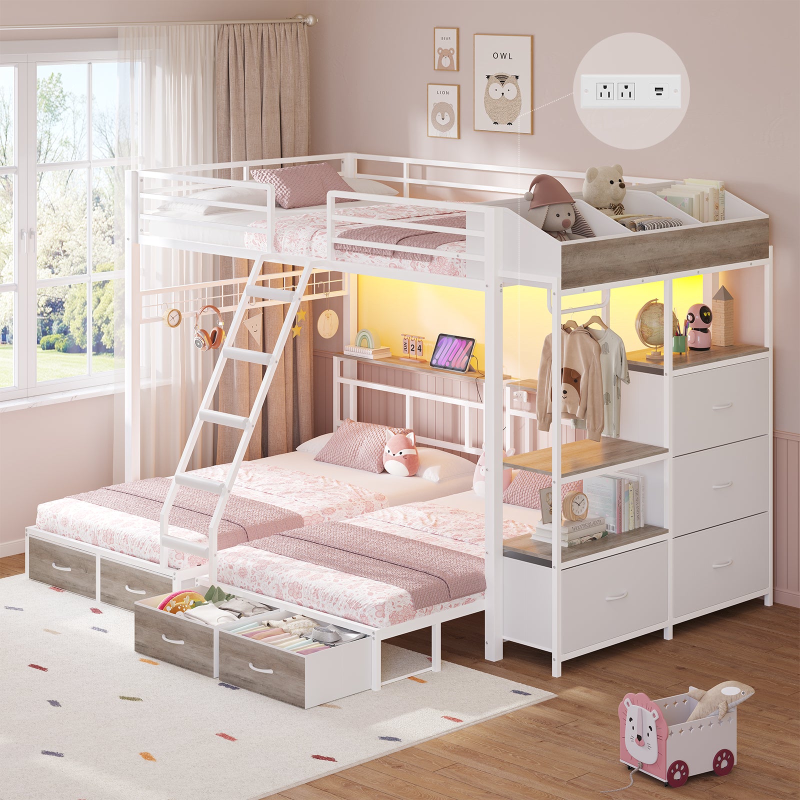 Triple Bunk Bed with 8 Storage Drawers, LED Lights, Charging Station, Guardrails & Ladder for 3 Teens/Adults, Full Over Twin Over Twin Size