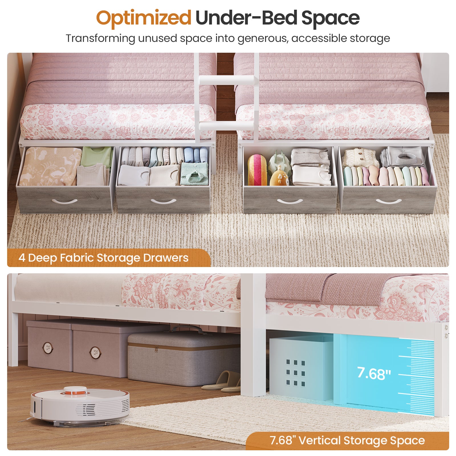 Triple Bunk Bed with 8 Storage Drawers, LED Lights, Charging Station, Guardrails & Ladder for 3 Teens/Adults, Full Over Twin Over Twin Size
