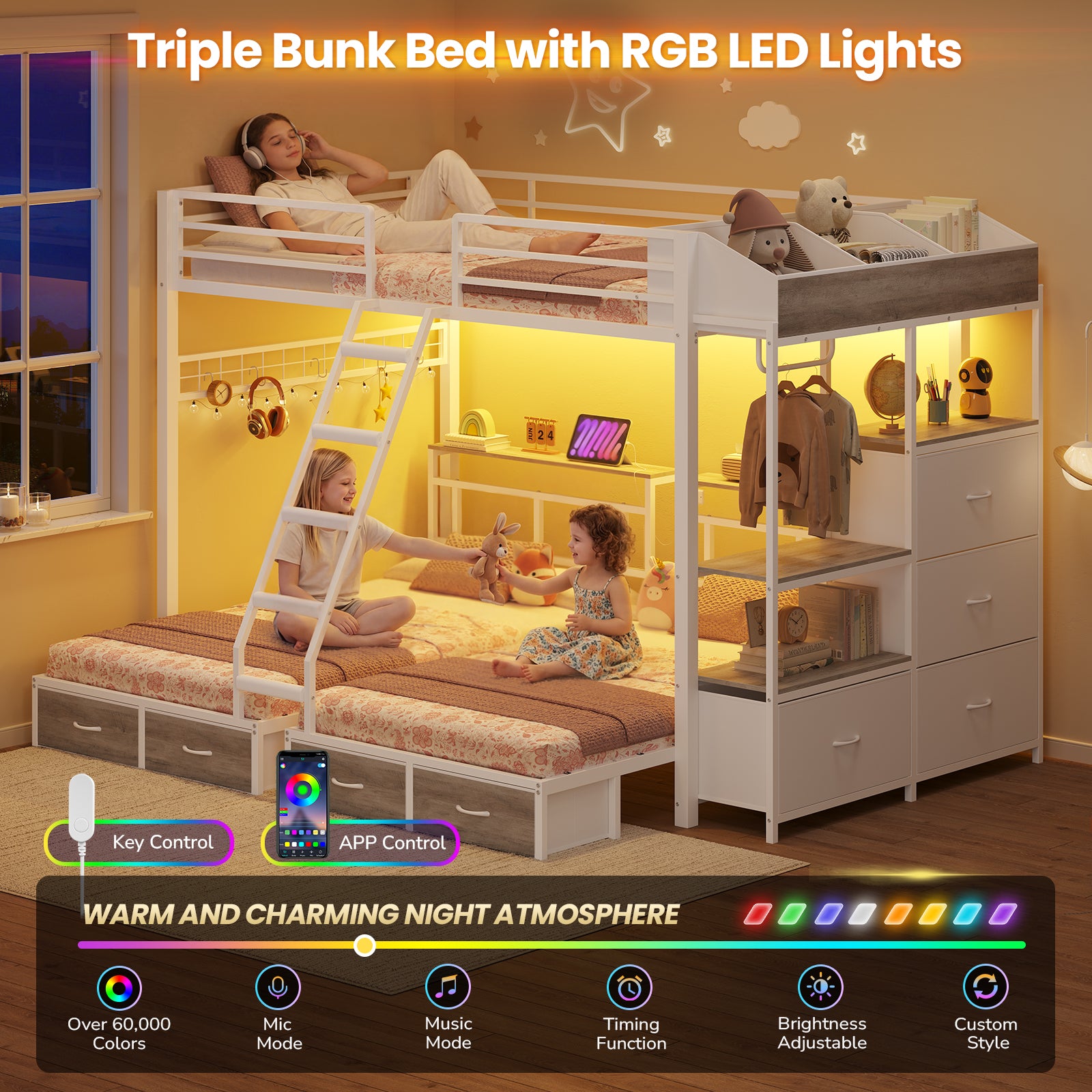 Triple Bunk Bed with 8 Storage Drawers, LED Lights, Charging Station, Guardrails & Ladder for 3 Teens/Adults, Full Over Twin Over Twin Size