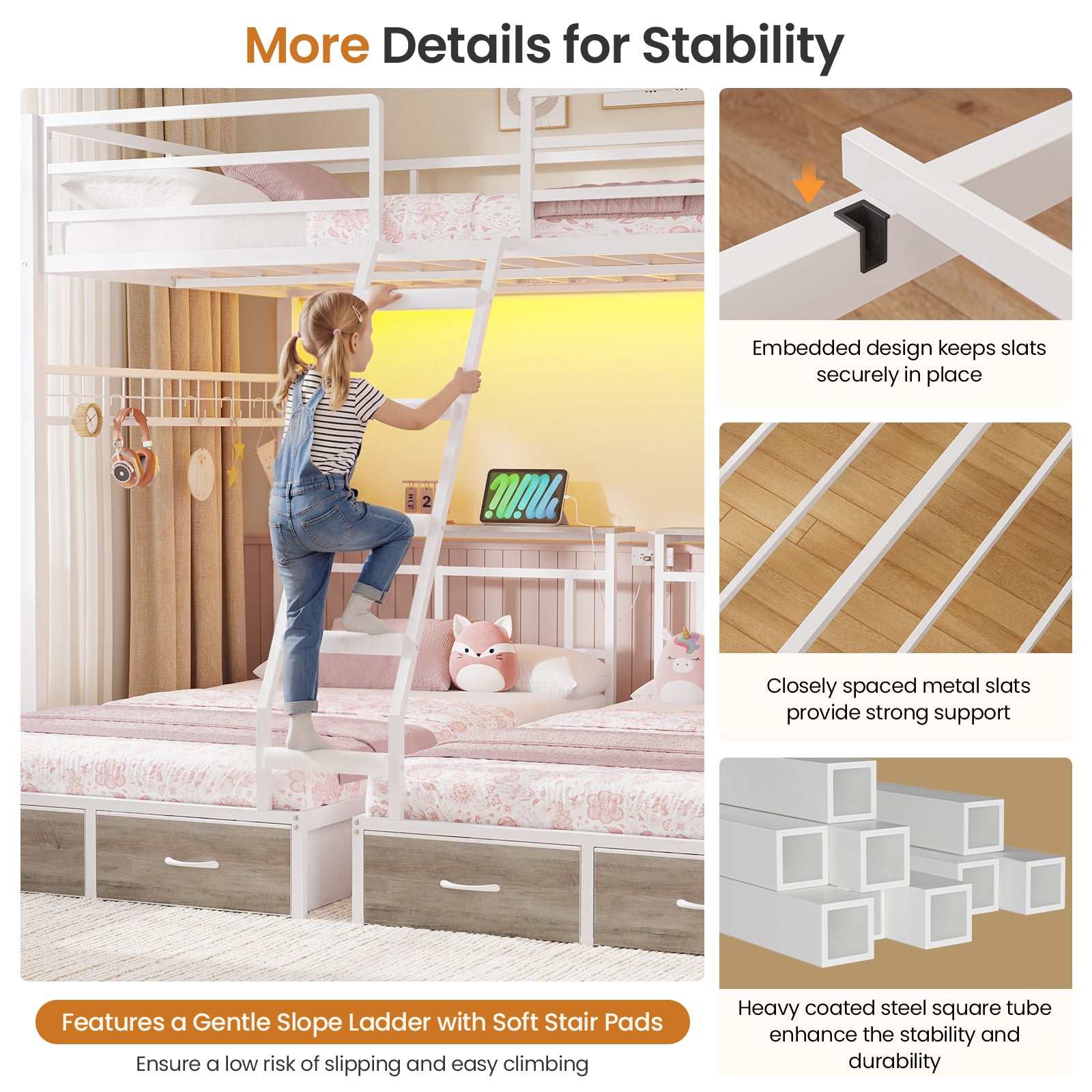 Triple Bunk Bed with 8 Storage Drawers, LED Lights, Charging Station, Guardrails & Ladder for 3 Teens/Adults, Full Over Twin Over Twin Size