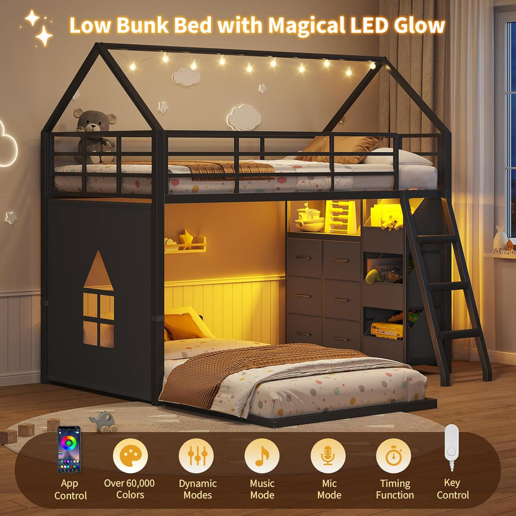 Floor Bunk Bed Twin Over Twin Size with 6 Storage Drawers, LED Lights, Open Storage Box, Safety Guardrail & Ladder