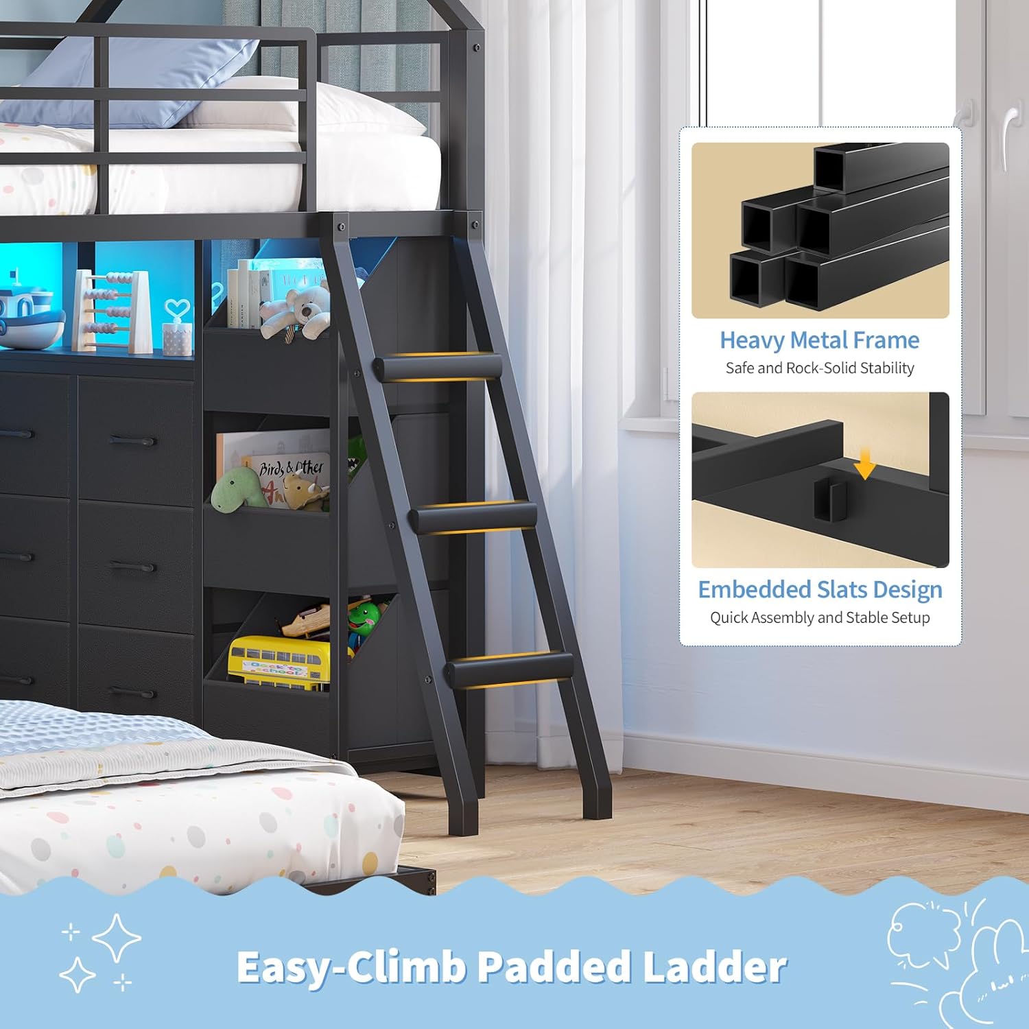 Floor Bunk Bed Twin Over Twin Size with 6 Storage Drawers, LED Lights, Open Storage Box, Safety Guardrail & Ladder