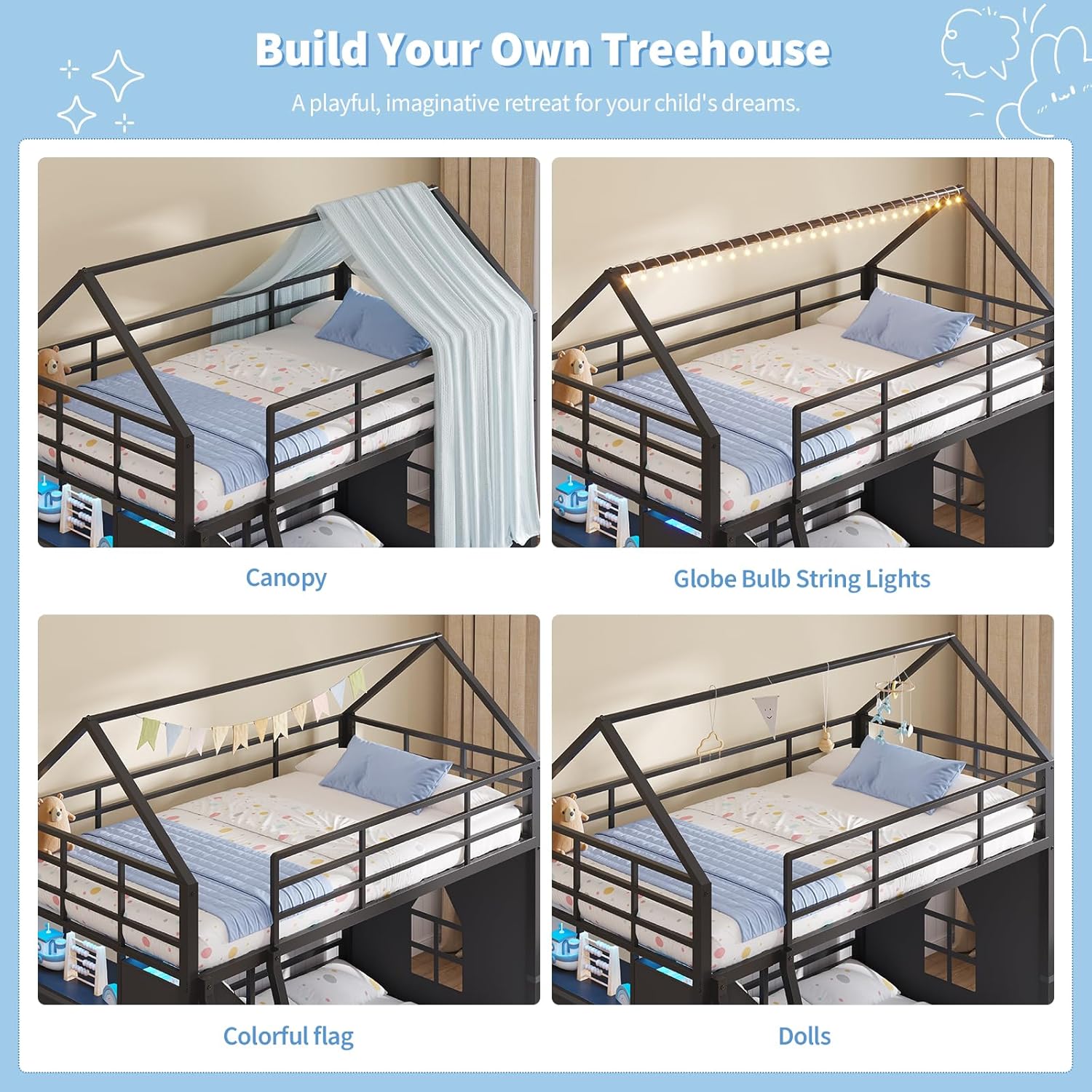 Floor Bunk Bed Twin Over Twin Size with 6 Storage Drawers, LED Lights, Open Storage Box, Safety Guardrail & Ladder