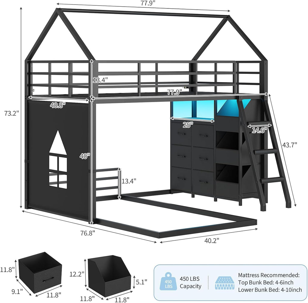 Floor Bunk Bed Twin Over Twin Size with 6 Storage Drawers, LED Lights, Open Storage Box, Safety Guardrail & Ladder