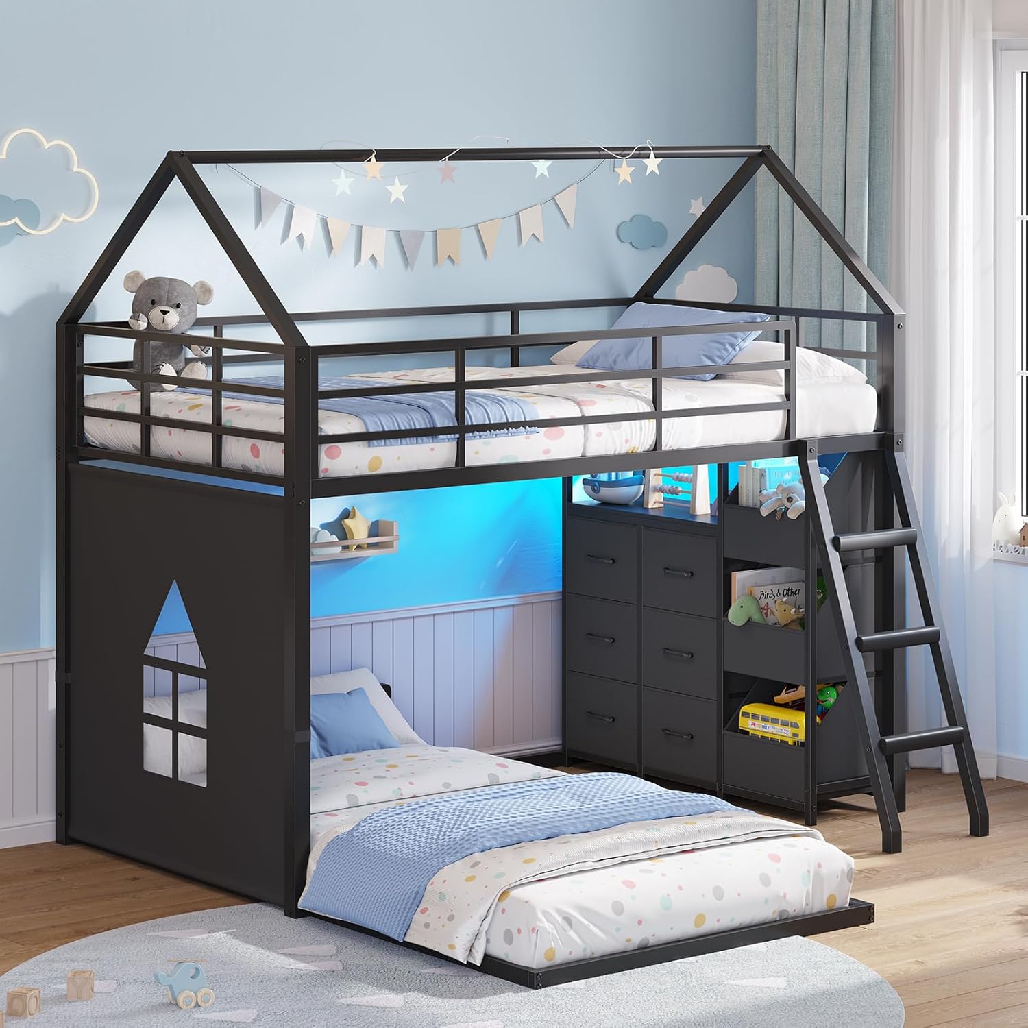 Floor Bunk Bed Twin Over Twin Size with 6 Storage Drawers, LED Lights, Open Storage Box, Safety Guardrail & Ladder
