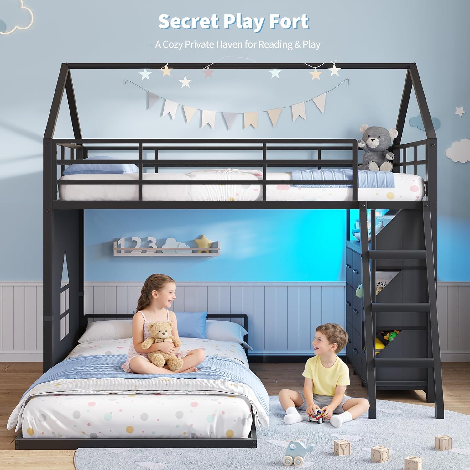 Floor Bunk Bed Twin Over Twin Size with 6 Storage Drawers, LED Lights, Open Storage Box, Safety Guardrail & Ladder