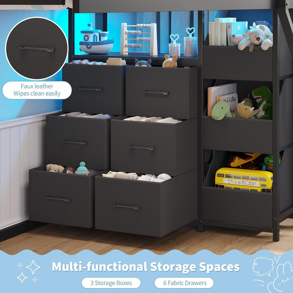 Floor Bunk Bed Twin Over Twin Size with 6 Storage Drawers, LED Lights, Open Storage Box, Safety Guardrail & Ladder