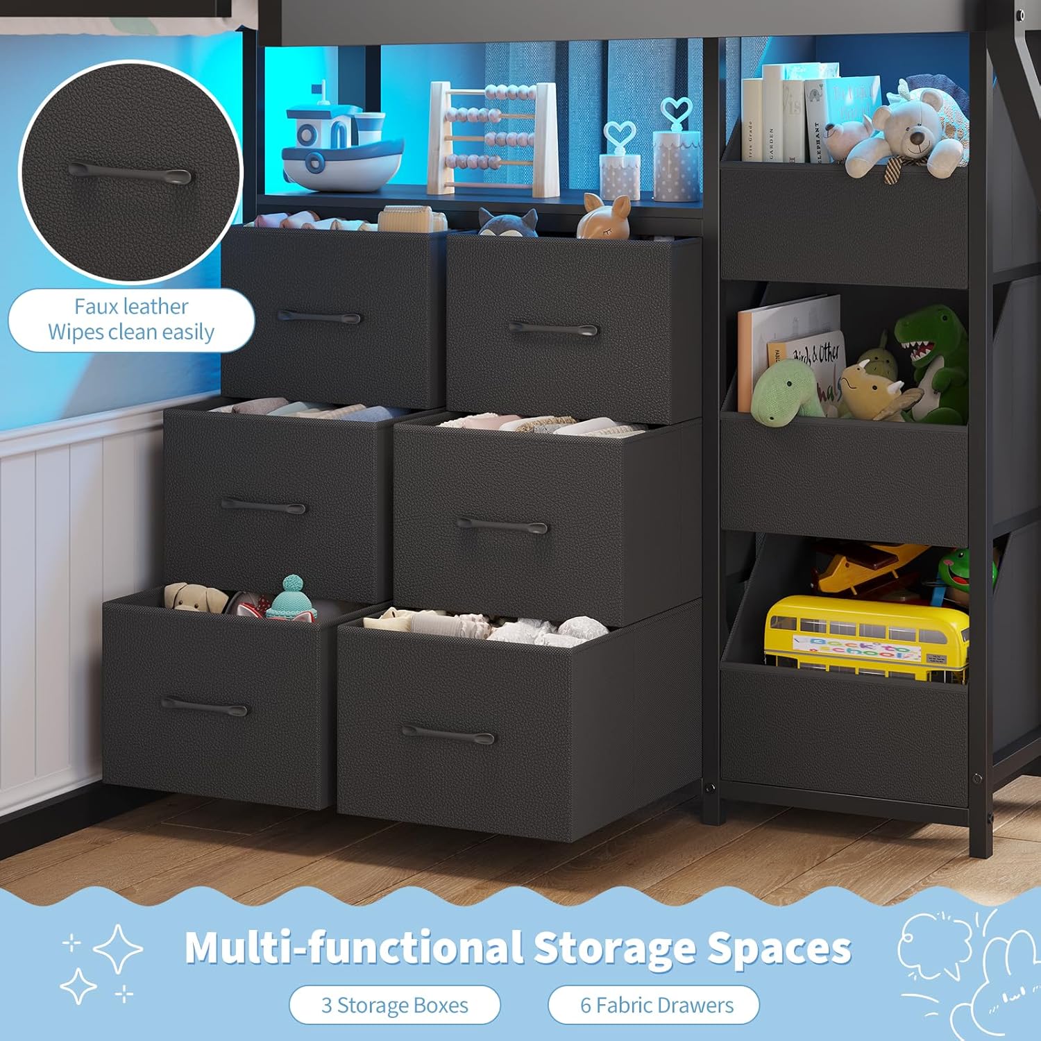 Floor Bunk Bed Twin Over Twin Size with 6 Storage Drawers, LED Lights, Open Storage Box, Safety Guardrail & Ladder