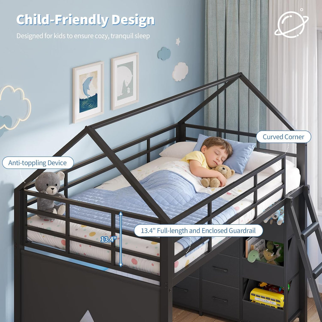Floor Bunk Bed Twin Over Twin Size with 6 Storage Drawers, LED Lights, Open Storage Box, Safety Guardrail & Ladder
