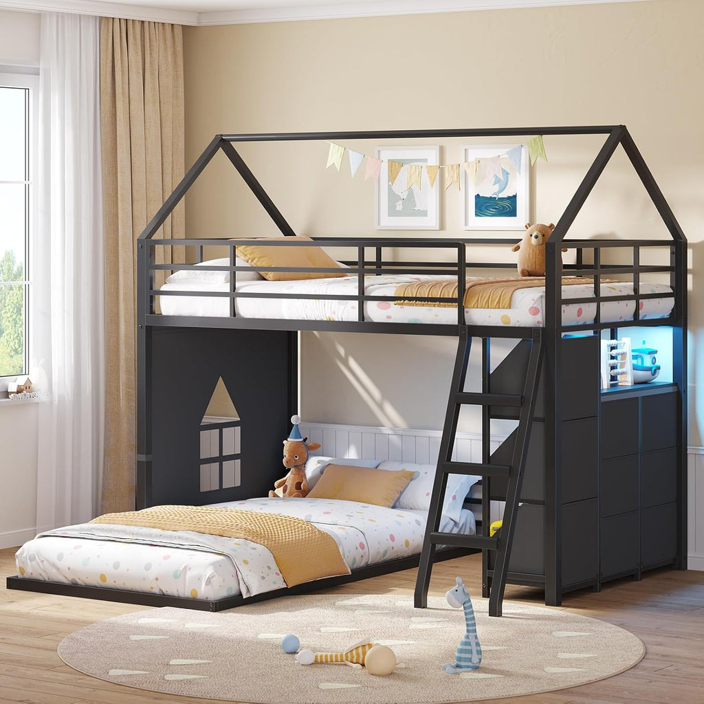 Floor Bunk Bed Twin Over Twin Size with 6 Storage Drawers, LED Lights, Open Storage Box, Safety Guardrail & Ladder