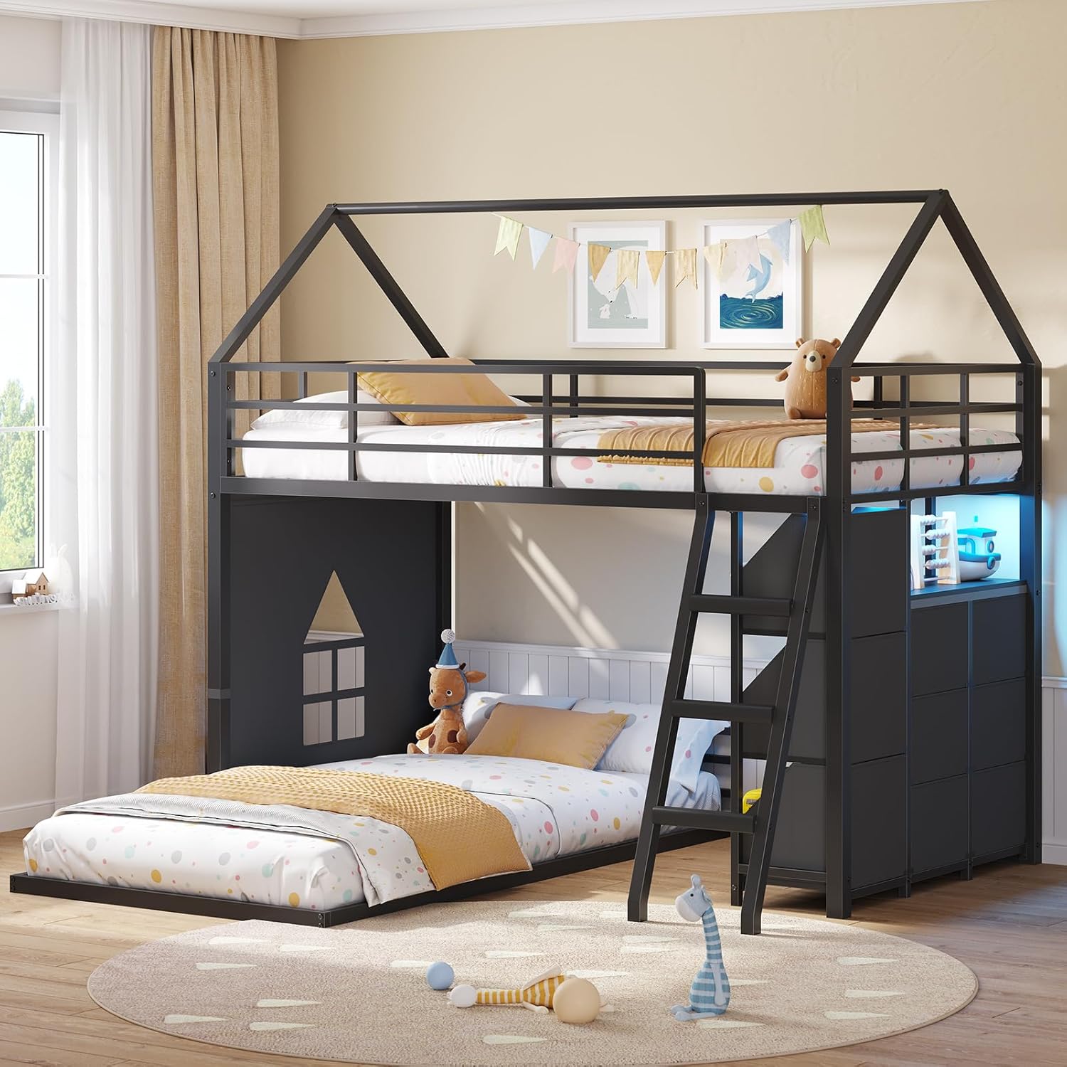 Floor Bunk Bed Twin Over Twin Size with 6 Storage Drawers, LED Lights, Open Storage Box, Safety Guardrail & Ladder