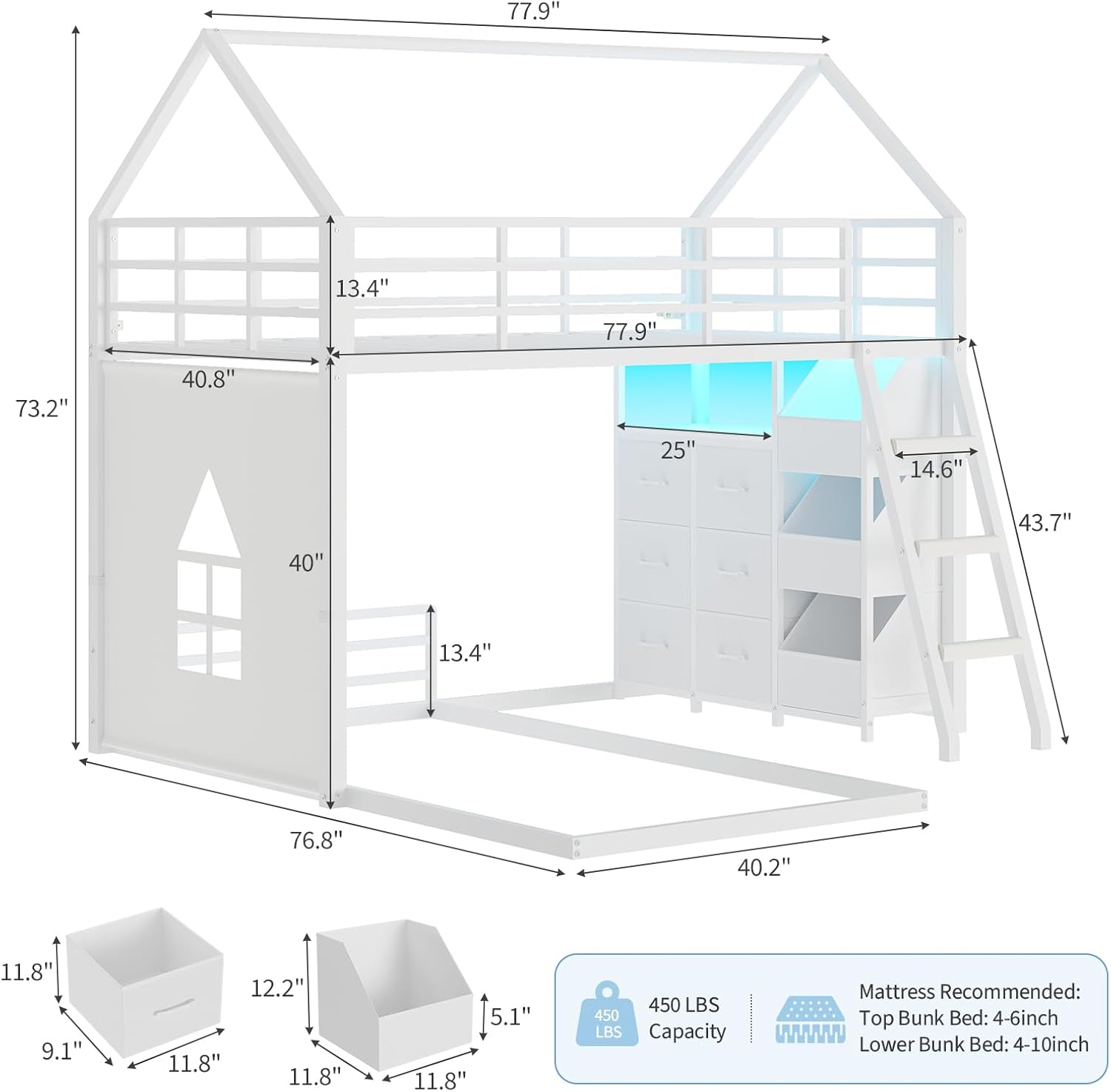 Floor Bunk Bed Twin Over Twin Size with 6 Storage Drawers, LED Lights, Open Storage Box, Safety Guardrail & Ladder