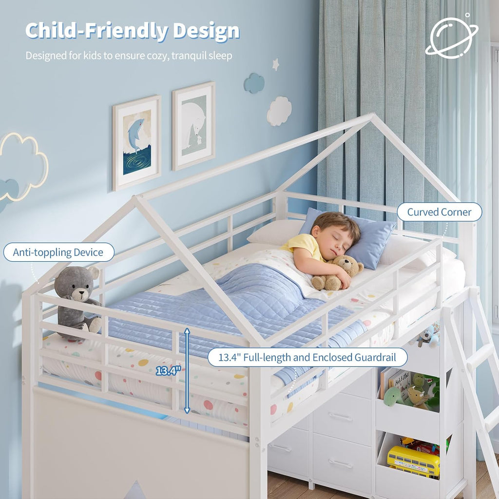 Floor Bunk Bed Twin Over Twin Size with 6 Storage Drawers, LED Lights, Open Storage Box, Safety Guardrail & Ladder