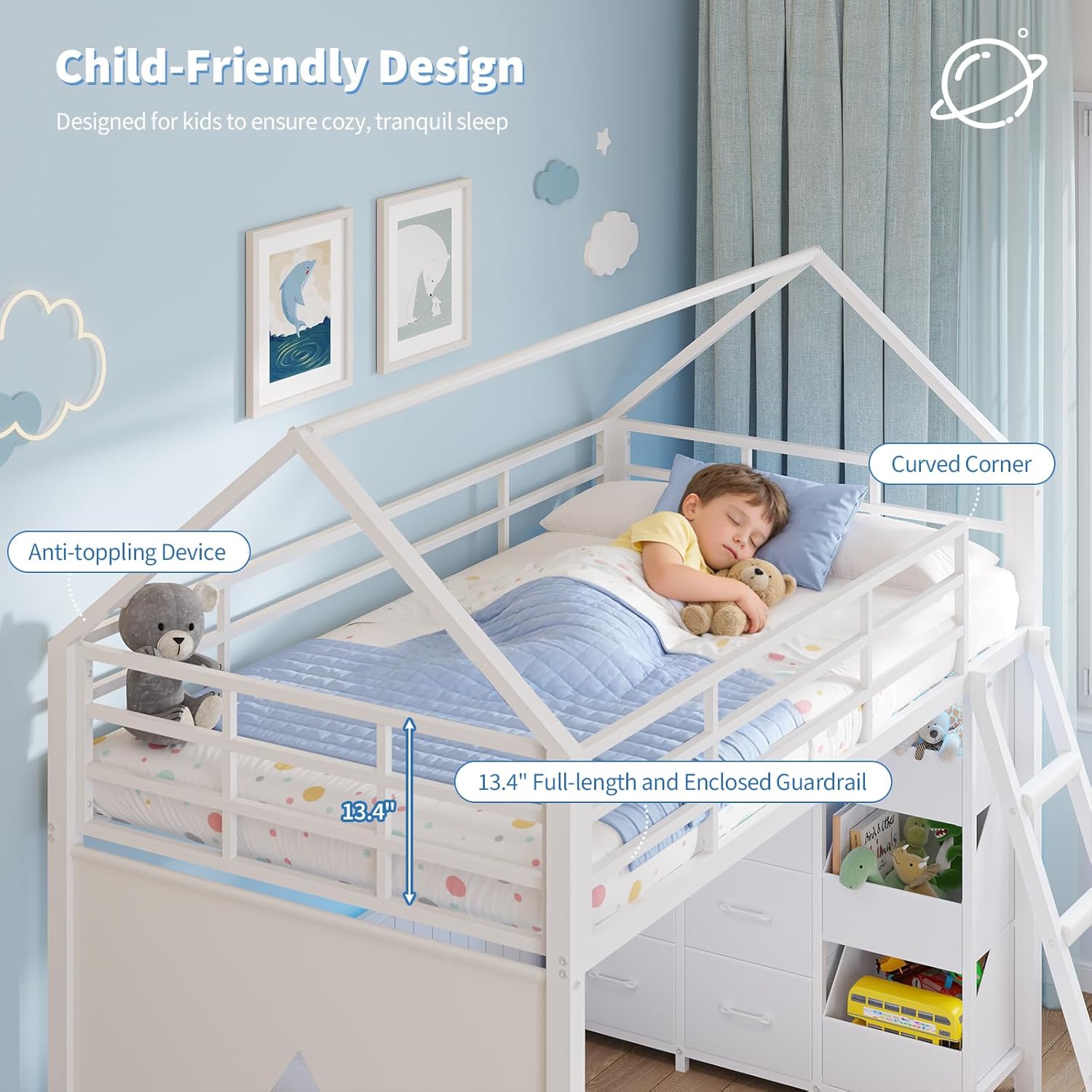 Floor Bunk Bed Twin Over Twin Size with 6 Storage Drawers, LED Lights, Open Storage Box, Safety Guardrail & Ladder