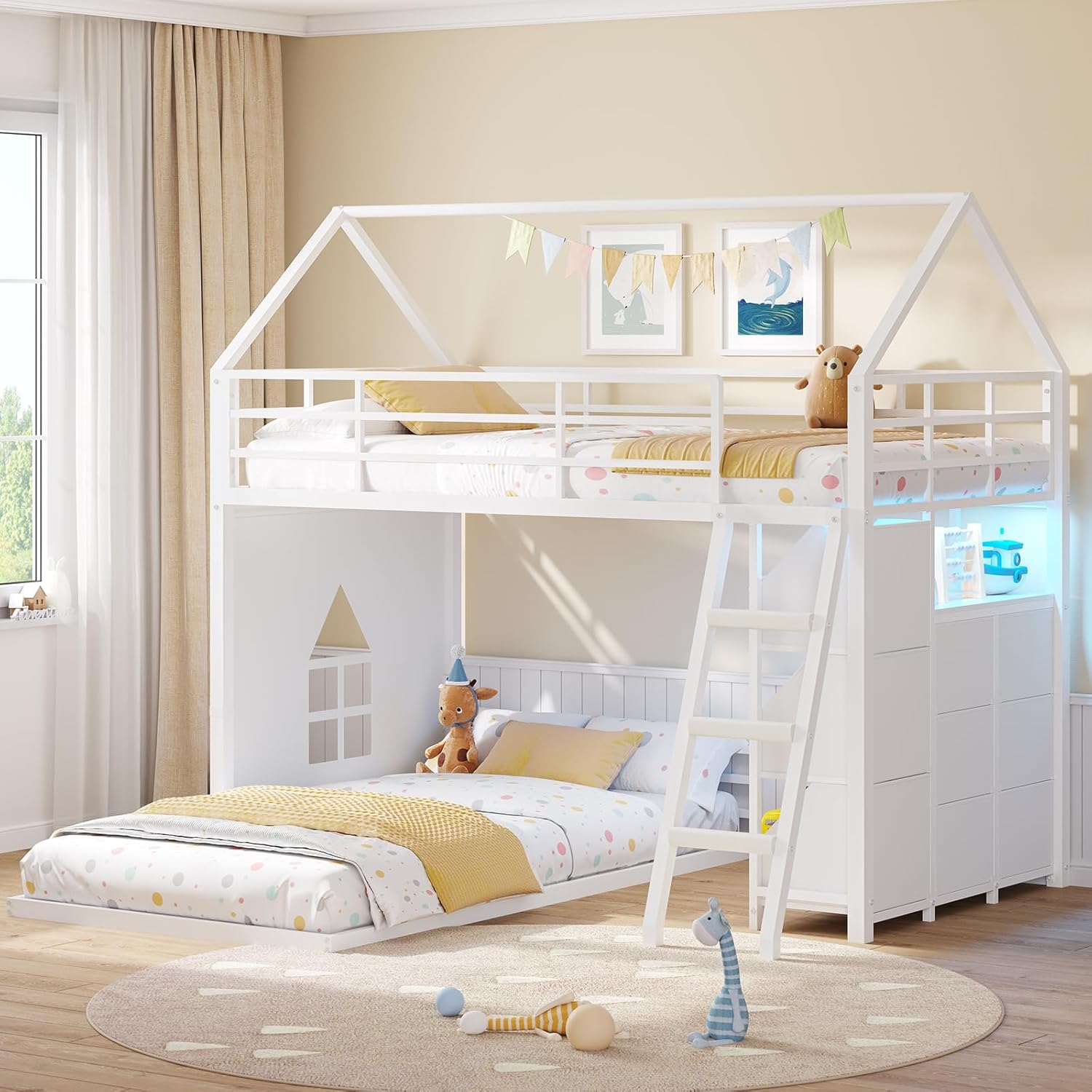 Floor Bunk Bed Twin Over Twin Size with 6 Storage Drawers, LED Lights, Open Storage Box, Safety Guardrail & Ladder