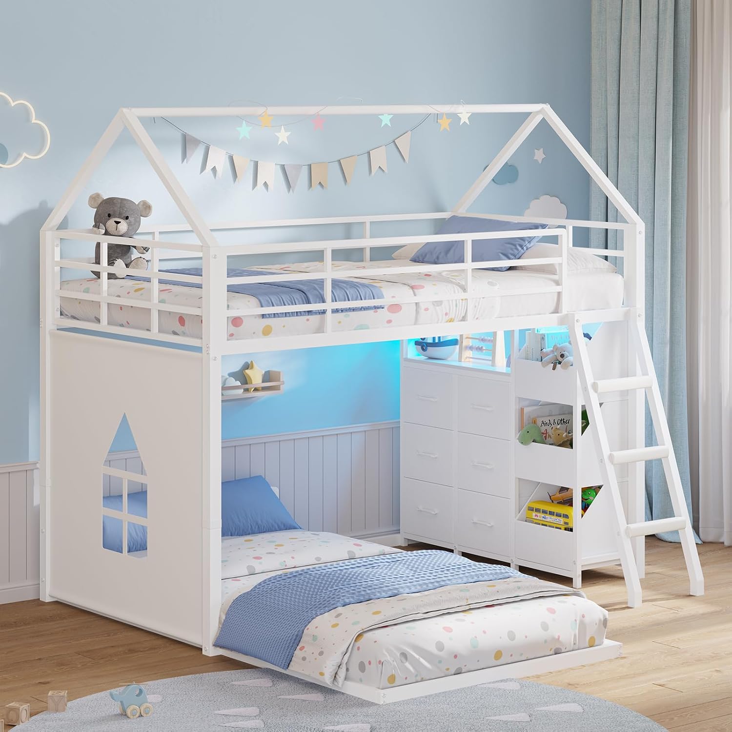 Floor Bunk Bed Twin Over Twin Size with 6 Storage Drawers, LED Lights, Open Storage Box, Safety Guardrail & Ladder