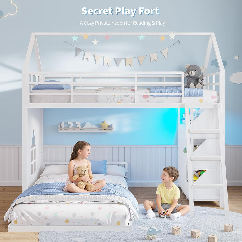 Floor Bunk Bed Twin Over Twin Size with 6 Storage Drawers, LED Lights, Open Storage Box, Safety Guardrail & Ladder