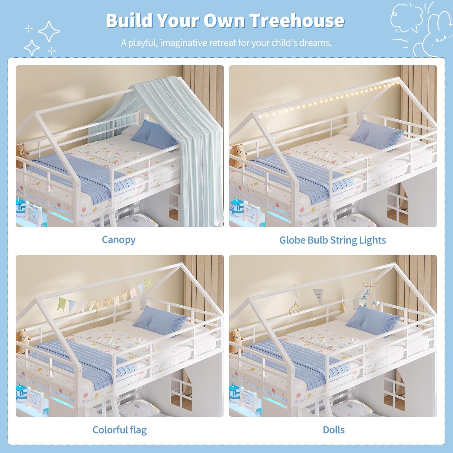 Floor Bunk Bed Twin Over Twin Size with 6 Storage Drawers, LED Lights, Open Storage Box, Safety Guardrail & Ladder