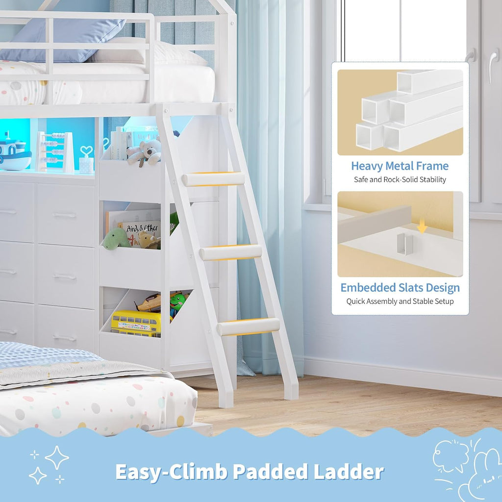 Floor Bunk Bed Twin Over Twin Size with 6 Storage Drawers, LED Lights, Open Storage Box, Safety Guardrail & Ladder